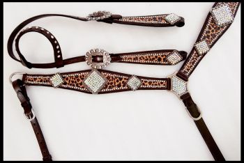 Showman Cheetah print one ear headstall and breast collar set with rhinestone accents and large crystal conchos #2